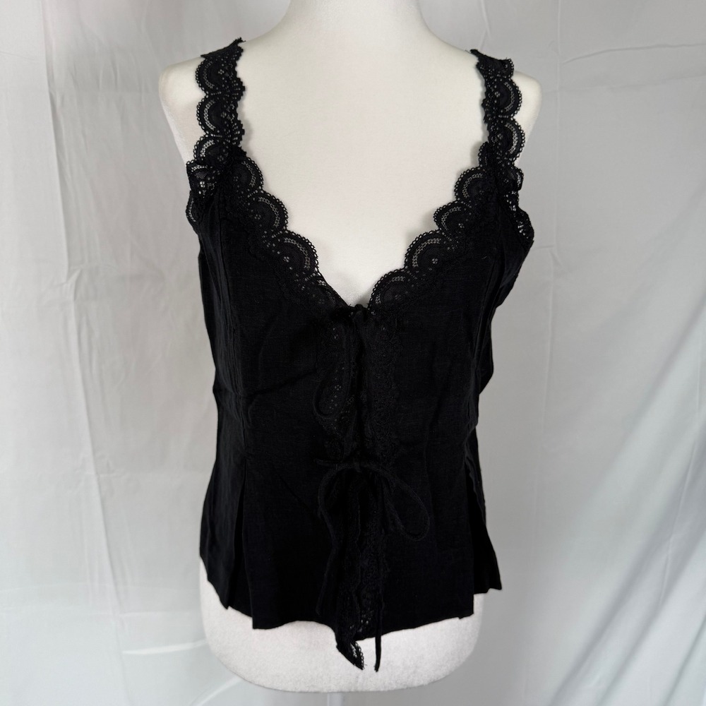 NWT Abercrombie & Fitch Black Linen Blend Lace Up Corset Camisole Summer Top XS